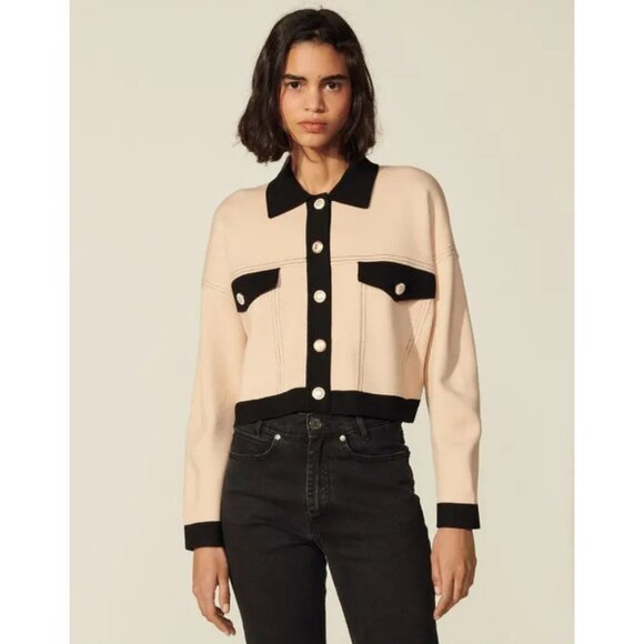NWT Sandro Cher Cropped Cardigan Beige Black Topstitch Button Up Size 0 / XS - Picture 2 of 13